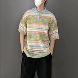 Versatile Gradient Striped Knit Polo Sweater