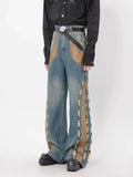 Vintage Distressed Studded Leather Patchwork Jeans