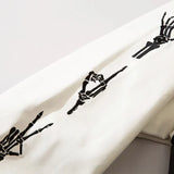 Details of the Skeleton Print Embroidery Varsity Jacket showing the hand signs print on the sleeves