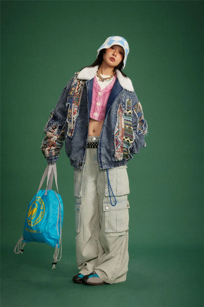 Y2K Thick Winter Patchwork Denim Jacket