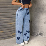 Y2K Heart Print Mid-Waisted Casual Jeans