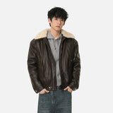 American Style Patchwork Fur Collar Leather Jacket