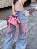 Women High Waist Loose Cool Tie Cargo Jeans