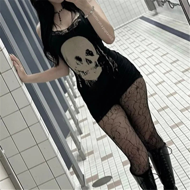 Dark Gothic Skull Print Lace Dress
