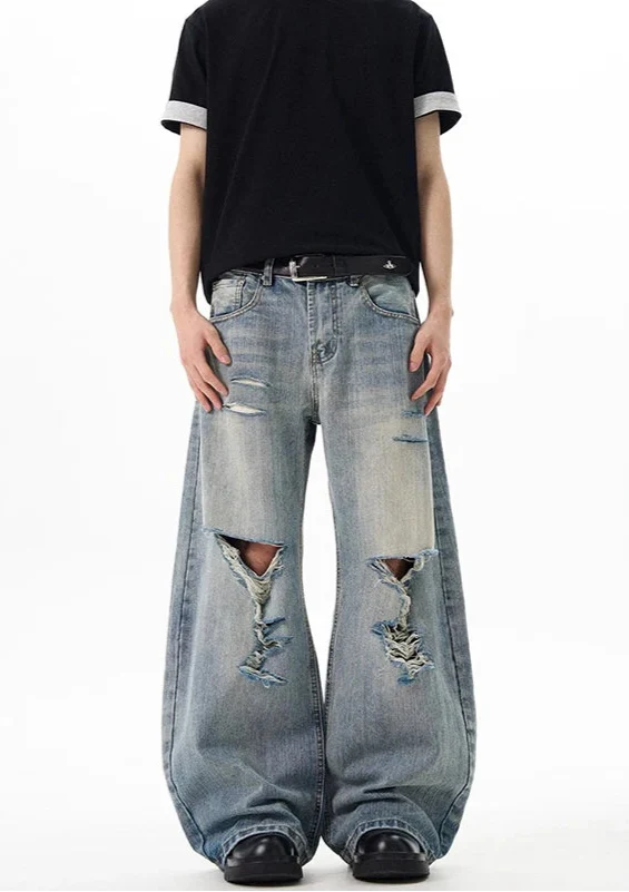 Vintage Blue Ripped Wide Leg Jeans