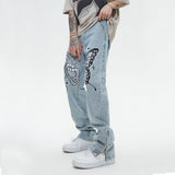 Butterfly Snake Embroidery Straight Denim Pants