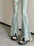 Women High Waist Tassel Denim Flare Jeans