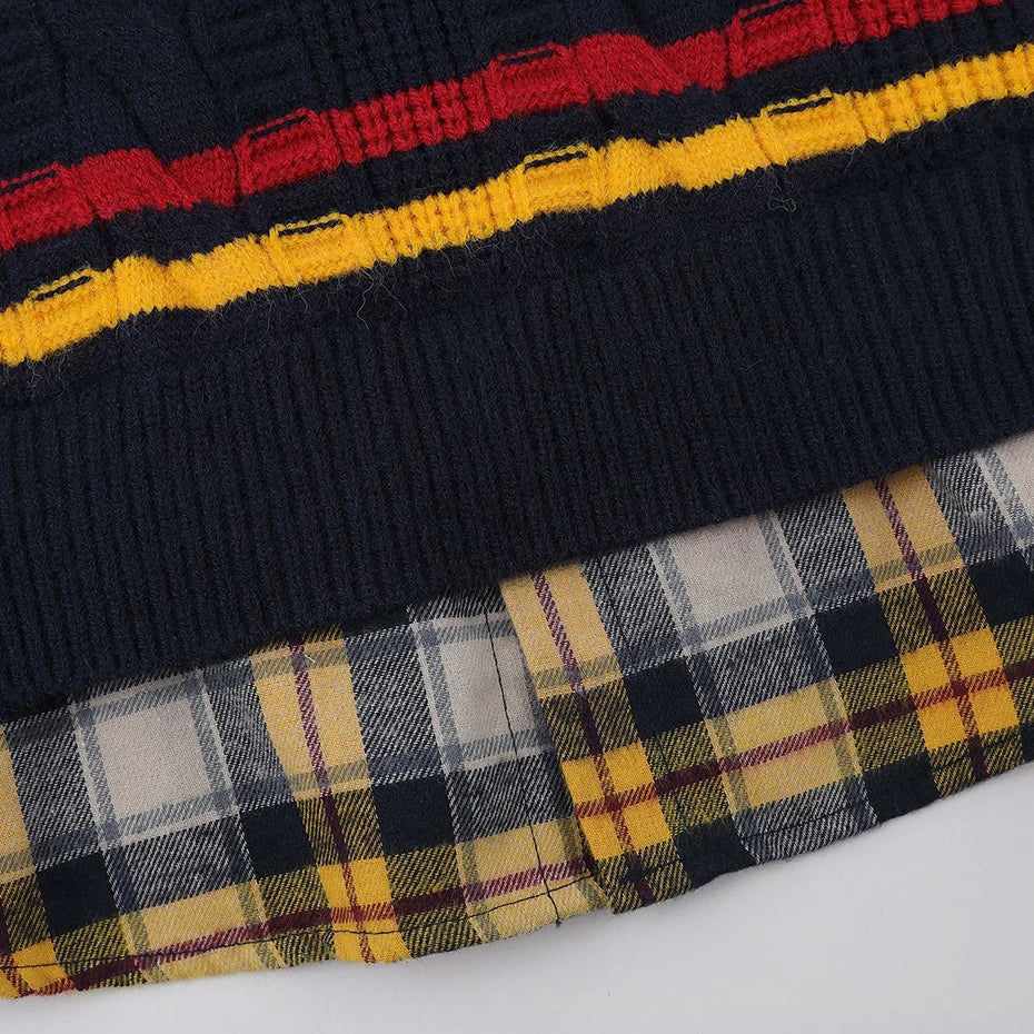 Oversized Varsity Patchwork Double Layers Knit Sweater