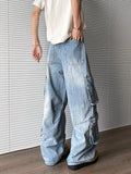 Raw Hem Realness Washed Blue Baggy Cargo Jeans