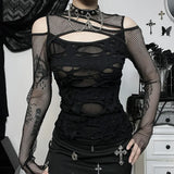 Dark Gothic Frayed Fishnet Patchwork T-Shirt