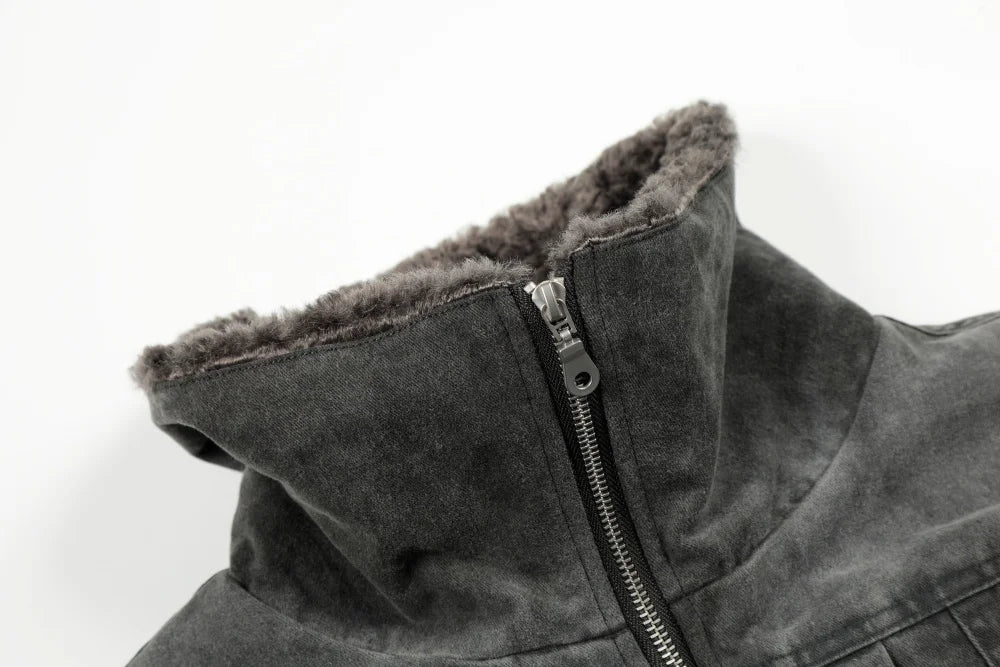 Vintage Distressed Denim Padded Fur Collar Jacket