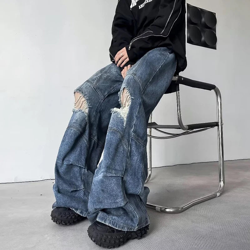Trendy Wide Leg Broken Hole Jeans