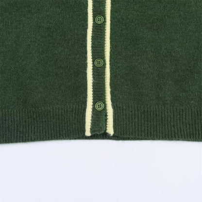 Contrast Color Round Neck Long Sleeve Knit Cardigan
