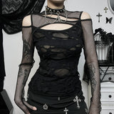 Dark Gothic Frayed Fishnet Patchwork T-Shirt