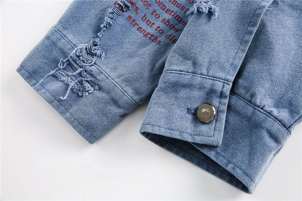 Trendy Streetwear Blue Distressed Denim Jacket
