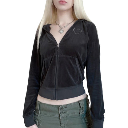 Rhinestone Heart Decor Zip Up Sweatshirt