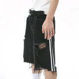 Side-Striped Ripped Denim Shorts