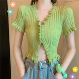 Model wearing the green Ribbed Button-Up T-Shirts 