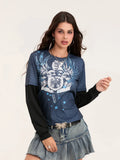 Women Patchwork Gothic Crew Neck T-Shirt