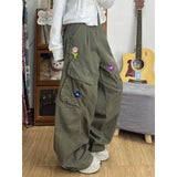 Streetwear Flower Embroidered High Waist Cargo Jeans
