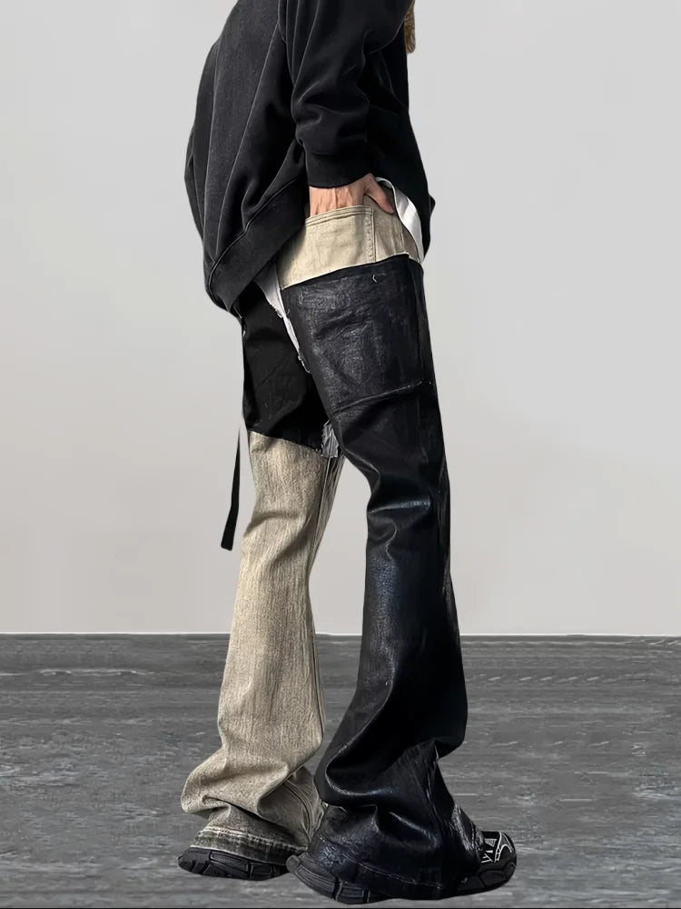 Distressed Detail Patchwork Baggy Flare Jeans