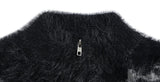 Black Jacquard Faux Fur Zipper Knit Cardigan
