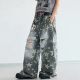 Star Printed Streetwear Wide Leg Denim Jeans