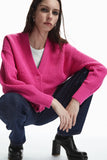 Ethereal Pink Casual Winter Rib V-Neck Cardigan