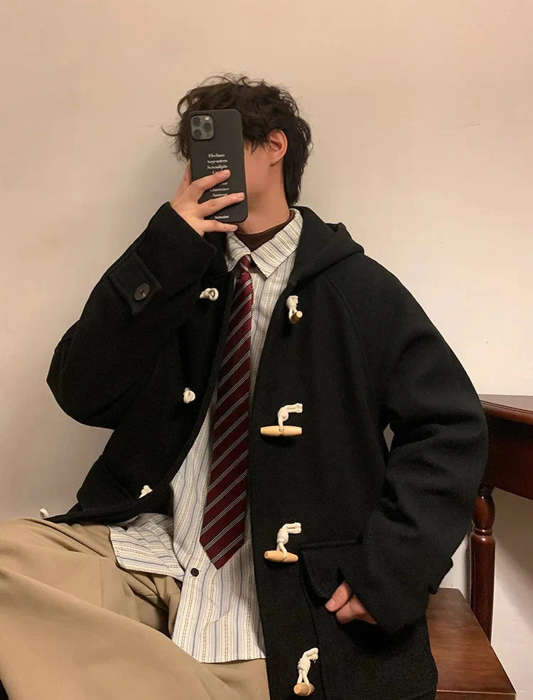 Vintage Horn Buckle Woolen Hooded Coat