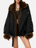 Leopard Spliced Lapel Faux Fur Belted Jacket