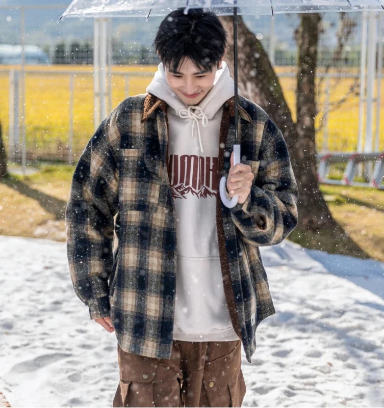 Japanese Style Thick Plaid Wool Parkas Jacket