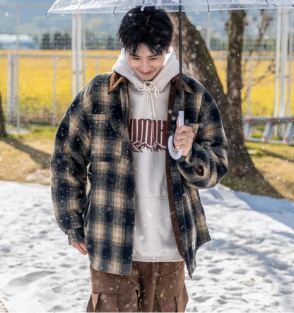 Japanese Style Thick Plaid Wool Parkas Jacket