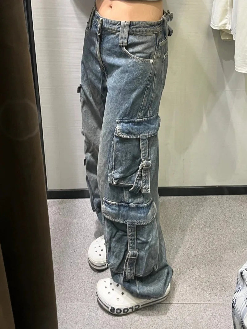 Model wearing the blue Utility Style Cargo Pants