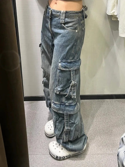 Model wearing the blue Utility Style Cargo Pants
