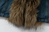 Y2K Washed Distressed Denim Padded Fur Jacket