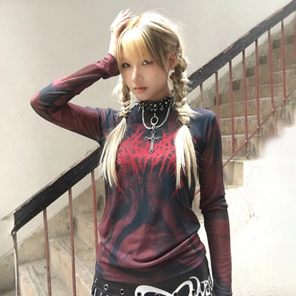 Grunge Aesthetic Tattoo Print Sheer T-Shirt