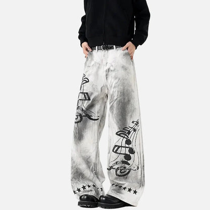 American Style Distressed Music Printting Jeans