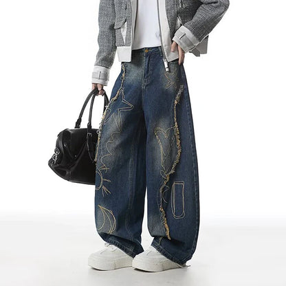 Raw Edge Printing Contrast Color Wide Leg Jeans