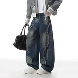 Raw Edge Printing Contrast Color Wide Leg Jeans