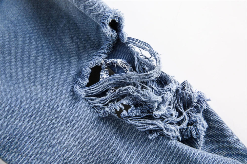 Trendy Streetwear Blue Distressed Denim Jacket