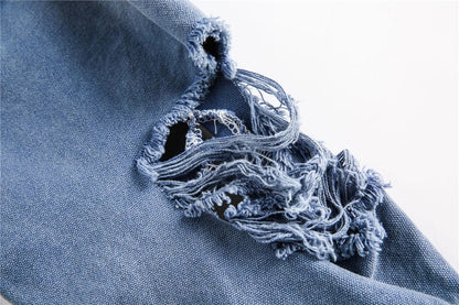 Trendy Streetwear Blue Distressed Denim Jacket
