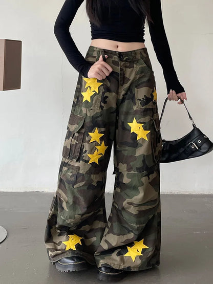 Model wearing the Camouflage Star-Studded Cargo Pants