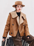 Women Warm Shearling Double Breasted Aviator Leather Jacket