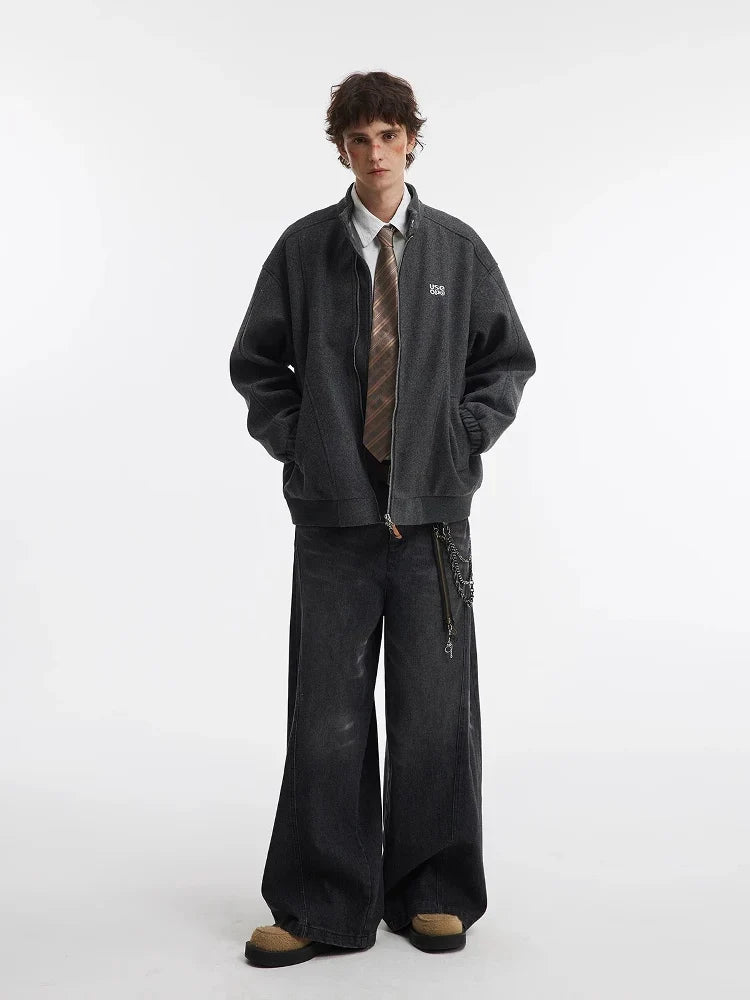 Oatmeal Melange Minimalist Stand Collar Bomber Jacket