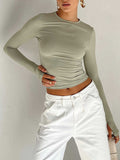 Crew Neck Solid Slim Long Sleeve Crop Top