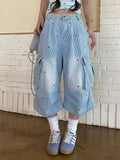 Chic Striped Heart Embroidery Cargo Denim Jorts