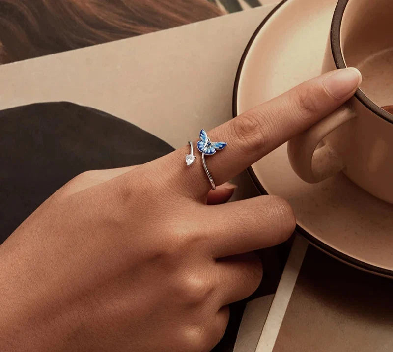 Women Adjustable Blue Enamel Butterfly Ring