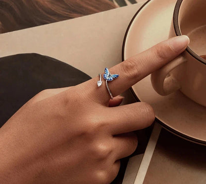 Women Adjustable Blue Enamel Butterfly Ring
