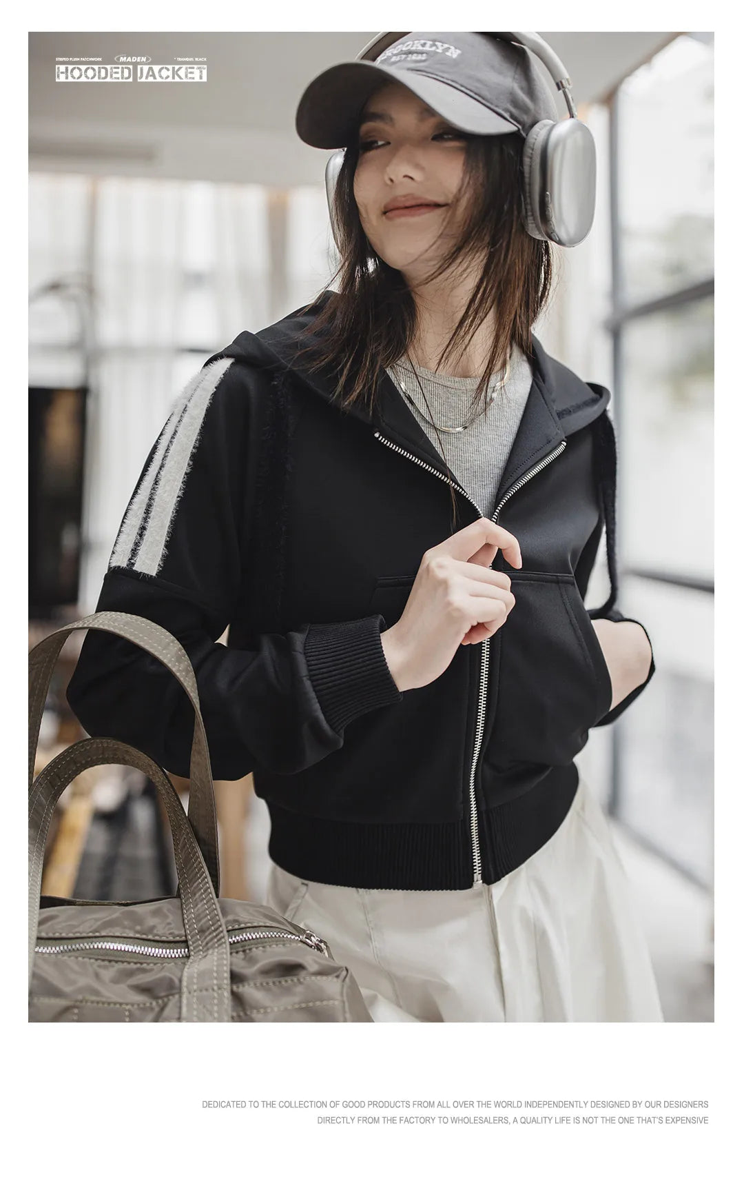 Black Striped Zipper Sweatshirt