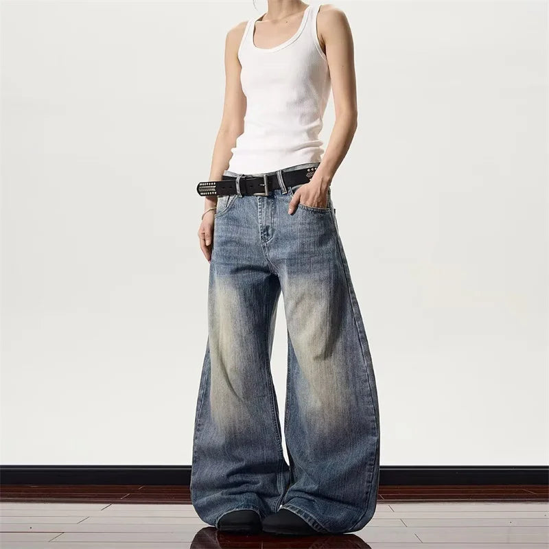 Vintage Washed Blue Textured Wide Jeans